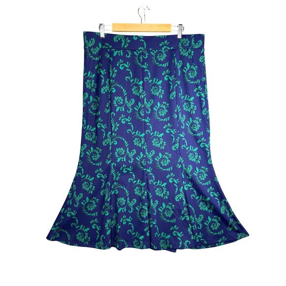 Liz Claiborne Pull On Stretch Skirt Size XL Navy Teal Floral Midi Flounce Hem - Picture 2 of 8